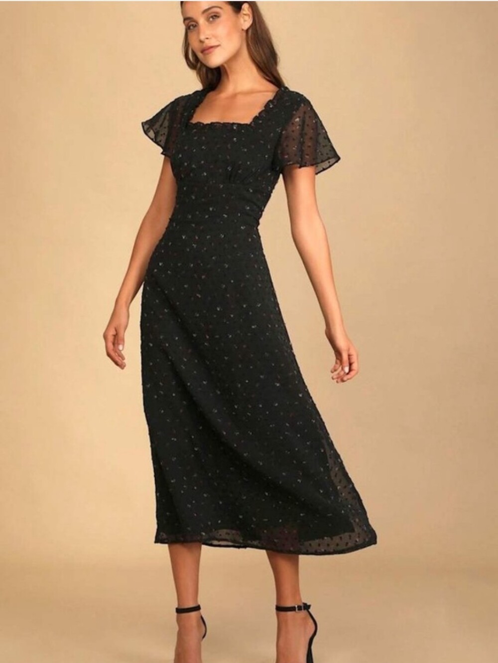 Lulus NWT Black Floral Clip Dot Ruffle Midi Dress Sweetheart Neck Women's XL